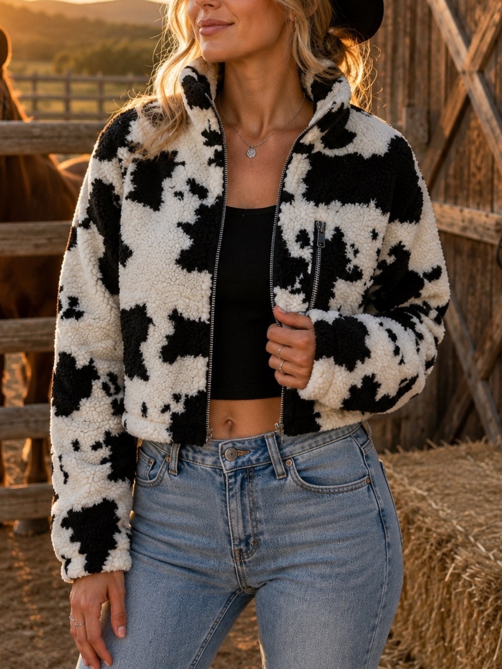 Elodie Cow Print Sherpa Teddy Fleece Jacket Full Zip Black White Cozy Size Small